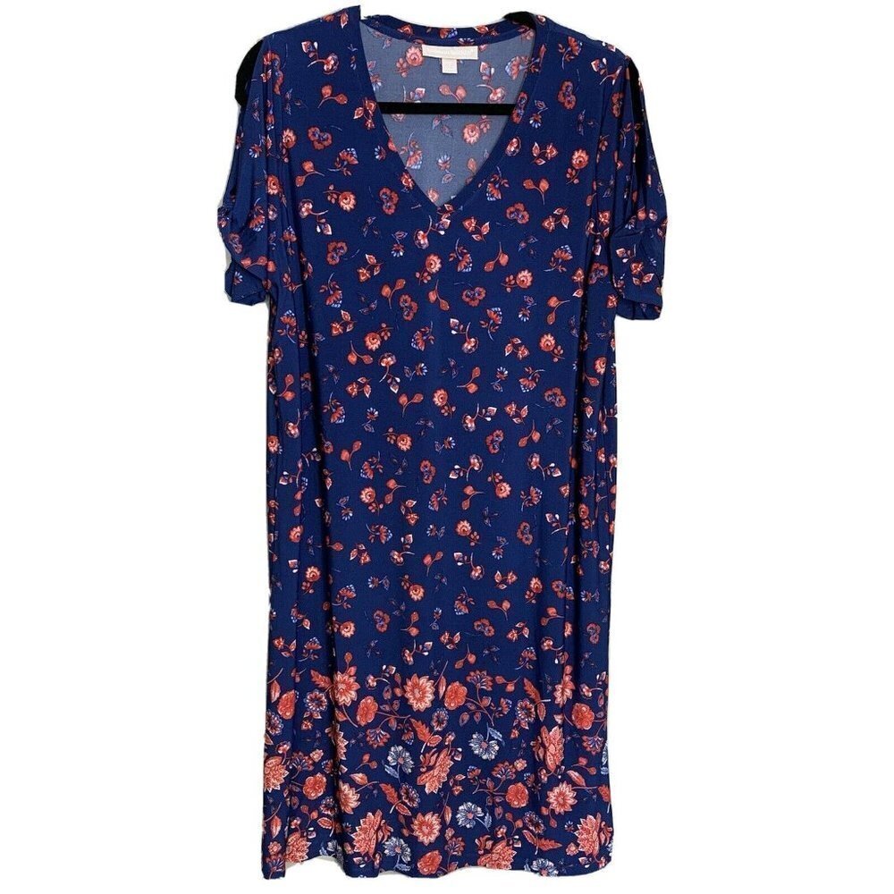 Woman Within Shift Dress Plus Size 14 16 Cold Short Sleeve Blue Red Floral Maxi